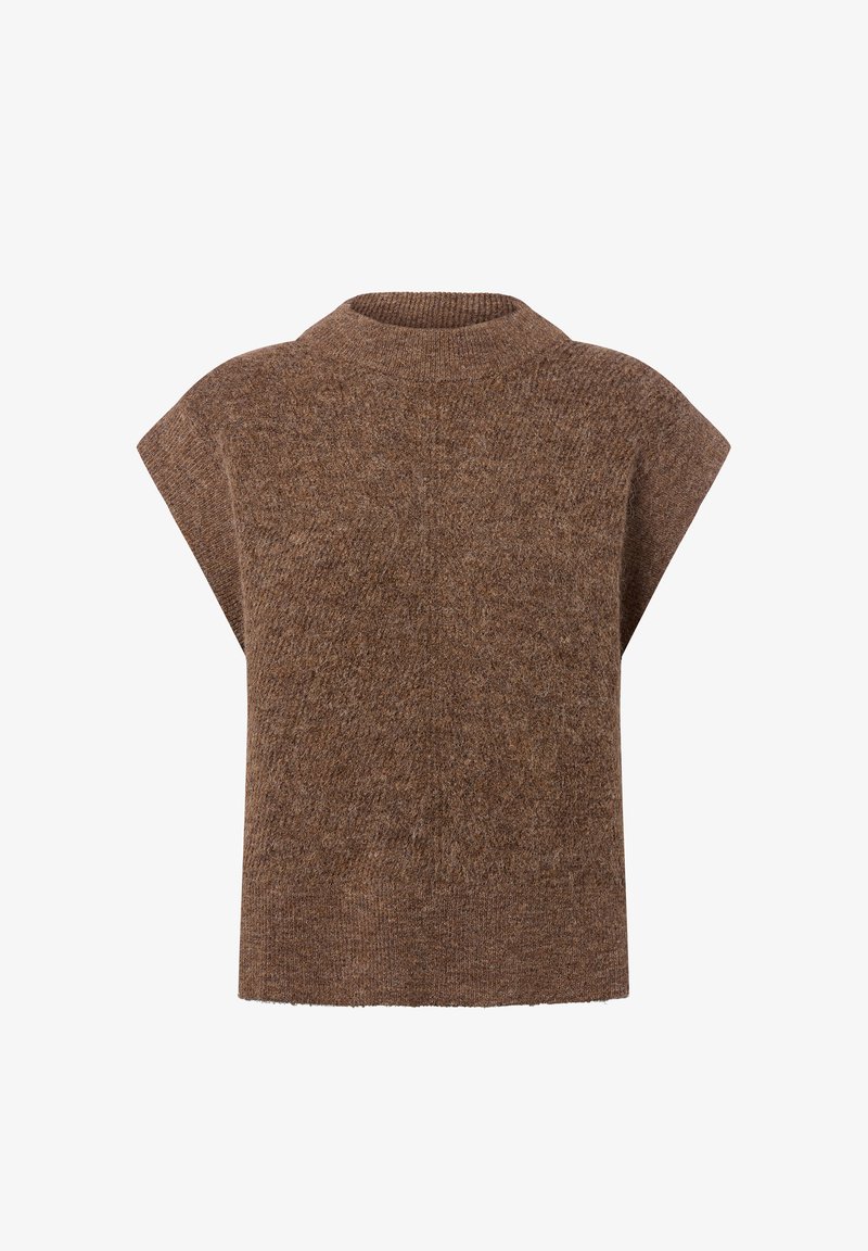 Brązowy sweter dzianinowy z wysokim kołnierzem i krótkimi rękawami. Wykonany z miękkiego, teksturowanego materiału, z luźnym krojem i jednolitym kolorem.