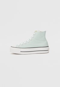 Höga sneakers i mintgrön canvas med vita snören, gummitåhätta, svarta ränder på sulan och en strukturerad yta.