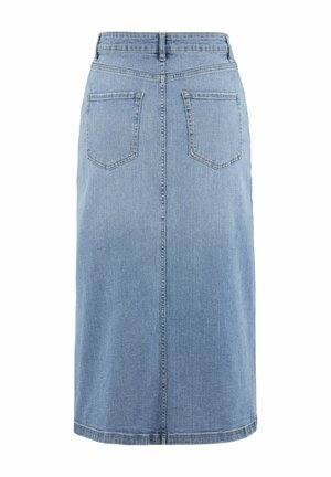 Denim skirt featuring a straight silhouette, light blue wash, two back pockets, and minimal stitching. Mid-calf length with a hemmed edge.