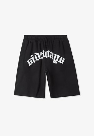 Czarne szorty wykonane z materiału z elastycznym paskiem w talii. Posiadają wyraźny biały graficzny nadruk "na boku" z tyłu oraz boczne kieszenie.