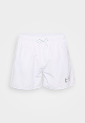 White swim shorts made of lightweight material. Feature an elastic waistband with a light blue drawstring and a small gray logo on the side.