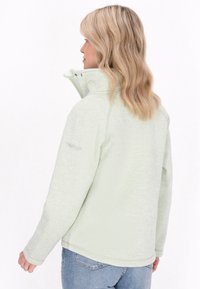 Giacca in pile verde chiaro con colletto alto, materiale testurizzato e vestibilità rilassata. Presenta un logo ricamato sulla manica sinistra.