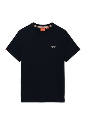 T-shirt noir manches courtes col rond avec petit logo "Superdry & Co" sur la poitrine gauche et étiquette de marque orange à l'intérieur du col.