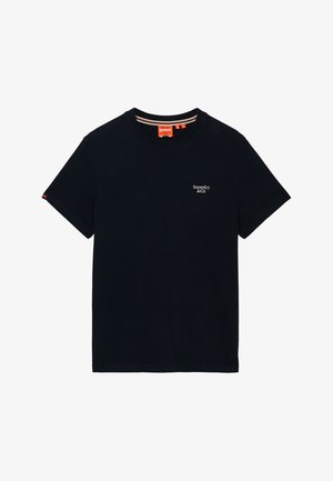 Sort T-shirt med korte ærmer og rund hals med lille "Superdry & Co" logo på venstre bryst og orange mærke indeni kraven.