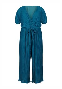 Türkiser, gefälteter Jumpsuit mit Wickeldesign, kurzen Ärmeln, einem Bindegürtel in der Taille und weit geschnittenen Hosen. Glatte Textur, leichtes Material.