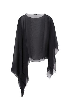 Schwarze, transparente, asymmetrische Chiffonbluse mit weiten, fließenden Ärmeln und rundem Ausschnitt.