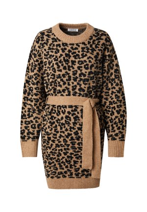 Strickkleid in Beige mit schwarzem Leopardenmuster, mit geripptem Halsausschnitt und Bündchen sowie einem passenden Gürtel in der Taille.