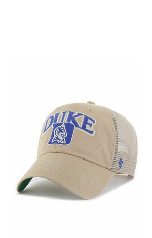 Cappellino da baseball color cammello con retro in mesh e logo blu della Duke University e mascotte del diavolo blu ricamati sul davanti.