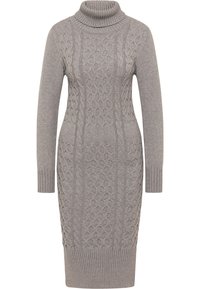 Robe pull en tricot gris avec un col roulé haut, présentant un motif en maille torsadée et des poignets et un ourlet à côtes.