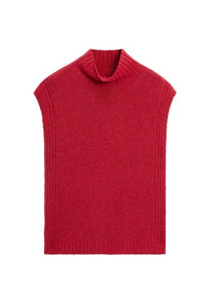 Czerwona bezrękawnikowa sweterek z dzianiny, z prążkowanym wysokim kołnierzem i prążkowanymi krawędziami po bokach i na dole.