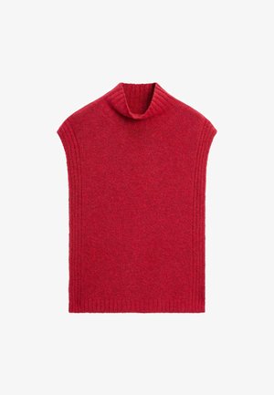 Pull en maille rouge sans manches avec un col haut à côtes et des bords côtelés sur les côtés et le bas.