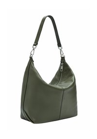 Sac à épaule en cuir vert foncé avec une bandoulière unique et une fermeture éclair en argent visible le long du bord supérieur.