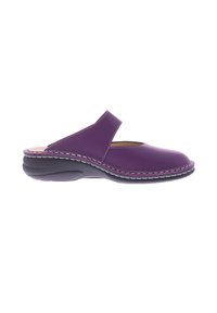 Purple leather slip-on shoe with a rounded toe, open back, and a thick, black outsole. White stitching accents the design.