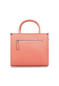 Koraalroze handtas met een gestructureerd ontwerp, voorzien van een bovenste handvat, een voorzijde met ritszak en een gladde leren textuur.