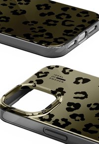Leopard print phone case featuring glossy black and beige colors, precise cutouts for camera and buttons, and a smooth texture.