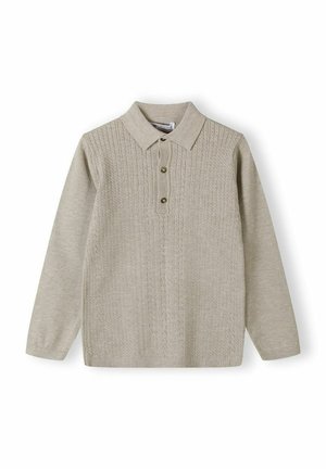 Beżowy sweter z długim rękawem, kołnierzem i dwoma guzikami z przodu, z wzorem warkocza z przodu i gładkimi rękawami.