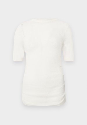 Balta trumpo rankovio mezginio palaidinė su apvalia iškirpte ir subtiliu raštu, rodoma ant šviesiai pilko fono.