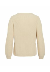 Pull en tricot de couleur crème avec un col rond, des longues manches et un motif côtelé texturé. La vue arrière montre des coutures lisses et une coupe décontractée.