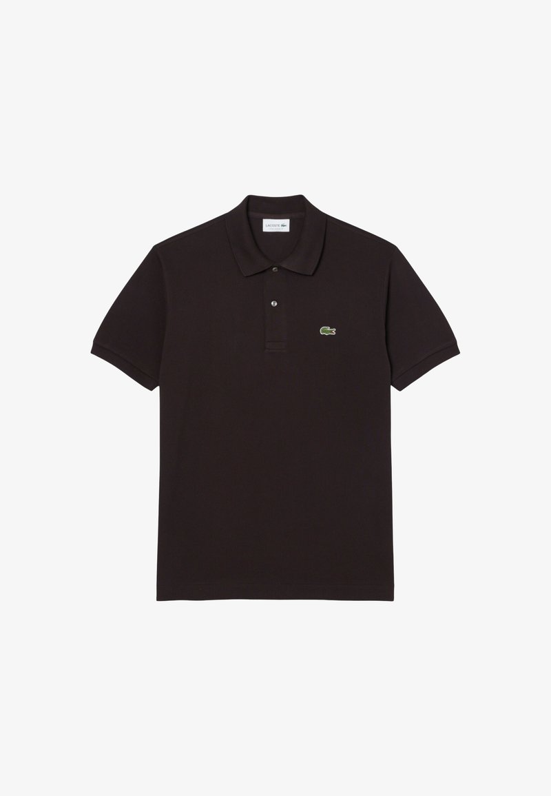 Black short-sleeve polo shirt with collar, two-button placket, and small green crocodile logo on the left chest.