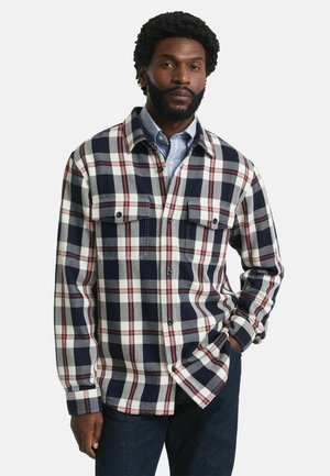 Camicia in flanella a quadri navy e bianca, con dettagli rossi, due tasche sul petto, chiusura a bottoni e maniche lunghe, tessuto strutturato.