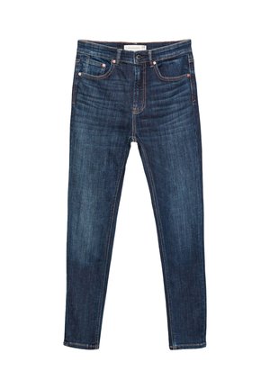 Jean en denim bleu foncé avec une coupe slim. Les caractéristiques incluent cinq poches, des coutures en cuivre et une fermeture à bouton. Texture lisse.