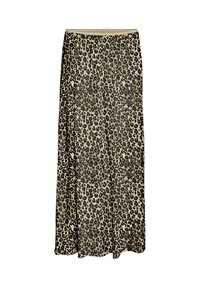 Jupe maxi en tissu léger, présentant un motif léopard dans des nuances de beige et de noir, avec une taille élastique et un design fluide.