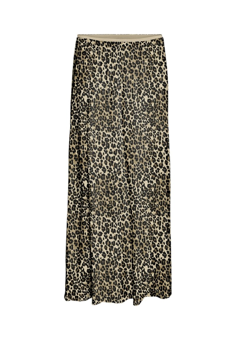 Jupe maxi en tissu léger, présentant un motif léopard dans des nuances de beige et de noir, avec une taille élastique et un design fluide.