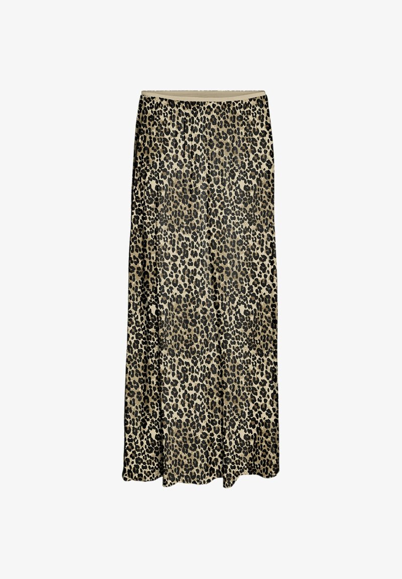 Jupe maxi en tissu léger, présentant un motif léopard dans des nuances de beige et de noir, avec une taille élastique et un design fluide.