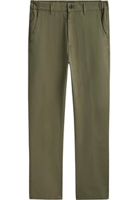 Olive zielone spodnie wykonane z mieszanki bawełny, z zapięciem na guzik, kieszeniami bocznymi oraz prostym krojem nogawek.