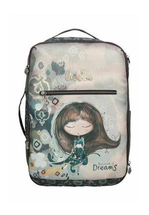 Rucksack aus leichtem Material, mit einer Mädchenillustration, floralen Mustern und einer vorderen Reißverschlusstasche; Farben sind Türkis, Grau und Beige.