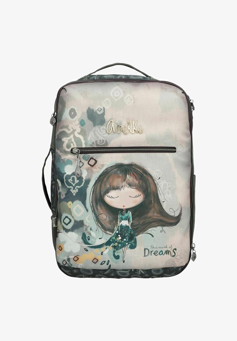 Zaino con un tessuto leggero, presenta un'illustrazione di una ragazza, motivi floreali e una tasca frontale con zipper; i colori includono turchese, grigio e beige.