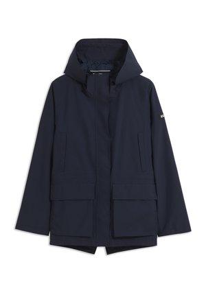 Marineblaue Kapuzenjacke mit Frontreißverschluss, zwei Brusttaschen und zwei großen Klappentaschen an der Taille, langen Ärmeln und Logo-Patch am linken Arm.