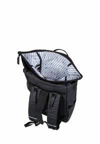 Zwarte rugzak met een rits aan de bovenkant en gevoerde schouderbanden. Het interieur heeft een blauw-wit gestreepte voering met fietsornamenten. Meerdere vakken.