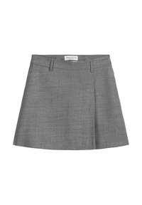 Szara spódnica w kształcie litery A, wykonana z teksturowanej tkaniny, z elastycznym pasem, dwoma kieszeniami z przodu oraz plisowanym wzorem. Logo Marc O'Polo wewnątrz.