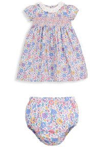 Sukienka dla niemowlęcia z pasującym majteczkami, z krótkim rękawem, białym koronkowym kołnierzykiem oraz różowym, niebieskim, żółtym i fioletowym kwiatowym wzorem.