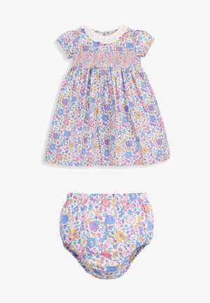 Robe pour bébé et bloomer assorti avec des manches courtes, un col en dentelle blanche, et un motif floral rose, bleu, jaune et violet.