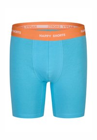 Turquoise herenboxershorts met een oranje tailleband. De tailleband heeft "HAPPY SHORTS" in witte letters. Haperige textuur, aansluitende stijl.