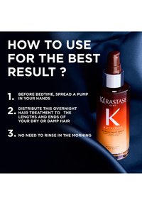 Kérastase Nutritive 8H Magic Night Serum i en mörk glasflaska med brun pump och silverdetalj; bakgrund i mörkt tyg.
