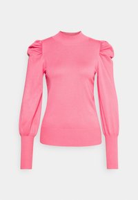 Růžový pletený svetr s vysokým límcem, nafouklými rukávy a žebrovanými manžetami a lemem. Hladká textura s jemným leskem.