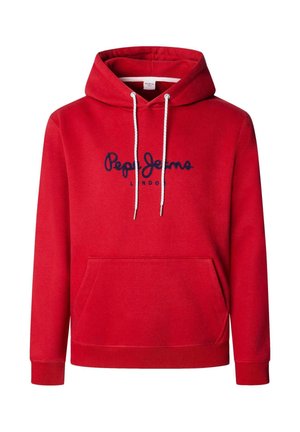 Červená bavlnená mikina s kapucňou má predné vrecko, biele šnúrky a modré logo "Pepe Jeans LONDON" cez hruď. Mäkká textura.