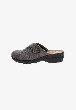 Scarpe slip-on in suede grigio con ricami floreali, cinturino regolabile e suola in gomma nera. Presentano una soletta imbottita per il massimo comfort.