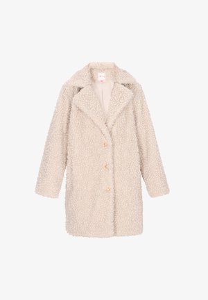 Kremowy damski płaszcz teddy z szerokim kołnierzem, trzema złotymi guzikami i długimi rękawami, zaprezentowany na białym tle.