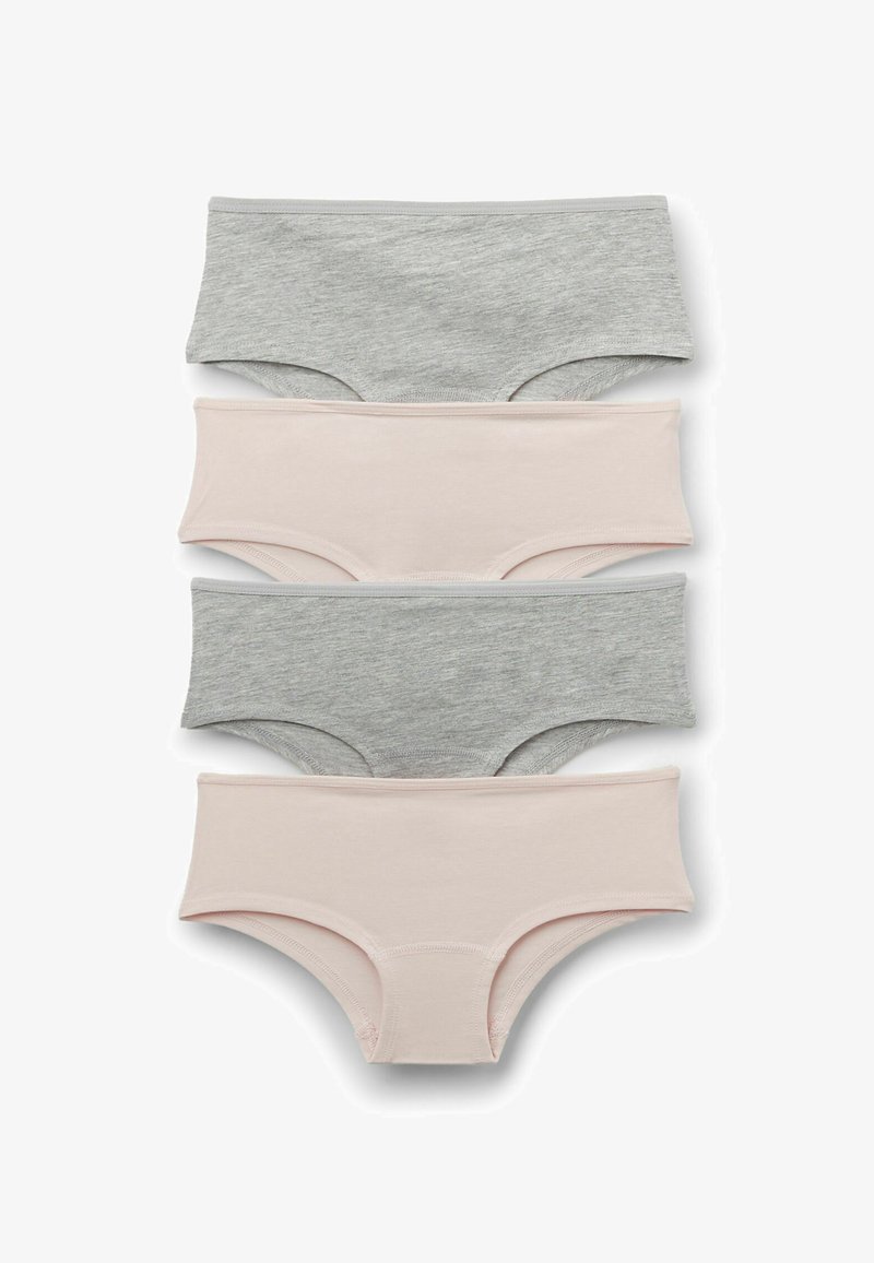 Vier Paare Baumwoll-Hipsterunterwäsche: zwei hellrosa und zwei melierte grau. Weiches, dehnbares Material mit glatten, nahtlosen Kanten.