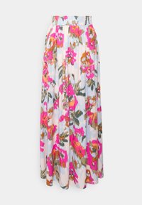 Bloemen midi-rok met een roze, oranje en groene patroon op een lichtblauwe achtergrond. Heeft een elastische tailleband en een geplooid ontwerp.