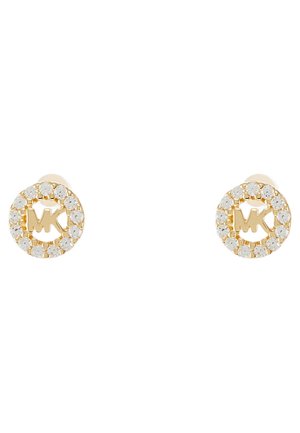 Boucles d'oreilles en ton or, avec un design circulaire, ornées d'un accent en cristal clair et gravées du logo "MK" au centre.