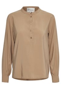 Beige langærmet skjorte lavet af glat stof, med en mandarin-krave og syv knaplukninger. Simpelt design med sammensnørede ærmer.
