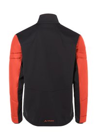 Veste pour homme avec un corps noir et des manches rembourrées rouges, un col haut, des poignets élastiques, et le logo de la marque dans le bas du dos.