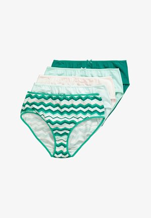 Vijf katoenen damesonderbroeken in tinten groen en wit, waarvan één met een zigzagpatroon, elk met een klein decoratief strikje in het midden van de tailleband.