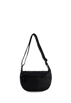 Sac bandoulière en cuir noir avec sangle réglable et poche avant zippée, présenté sur fond blanc.