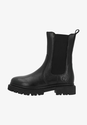 Schwarze Leder Chelsea-Boots mit dicker Sohle, elastischem Seitenpaneel, Zugschlaufe hinten und geprägtem Logo nahe der Ferse.